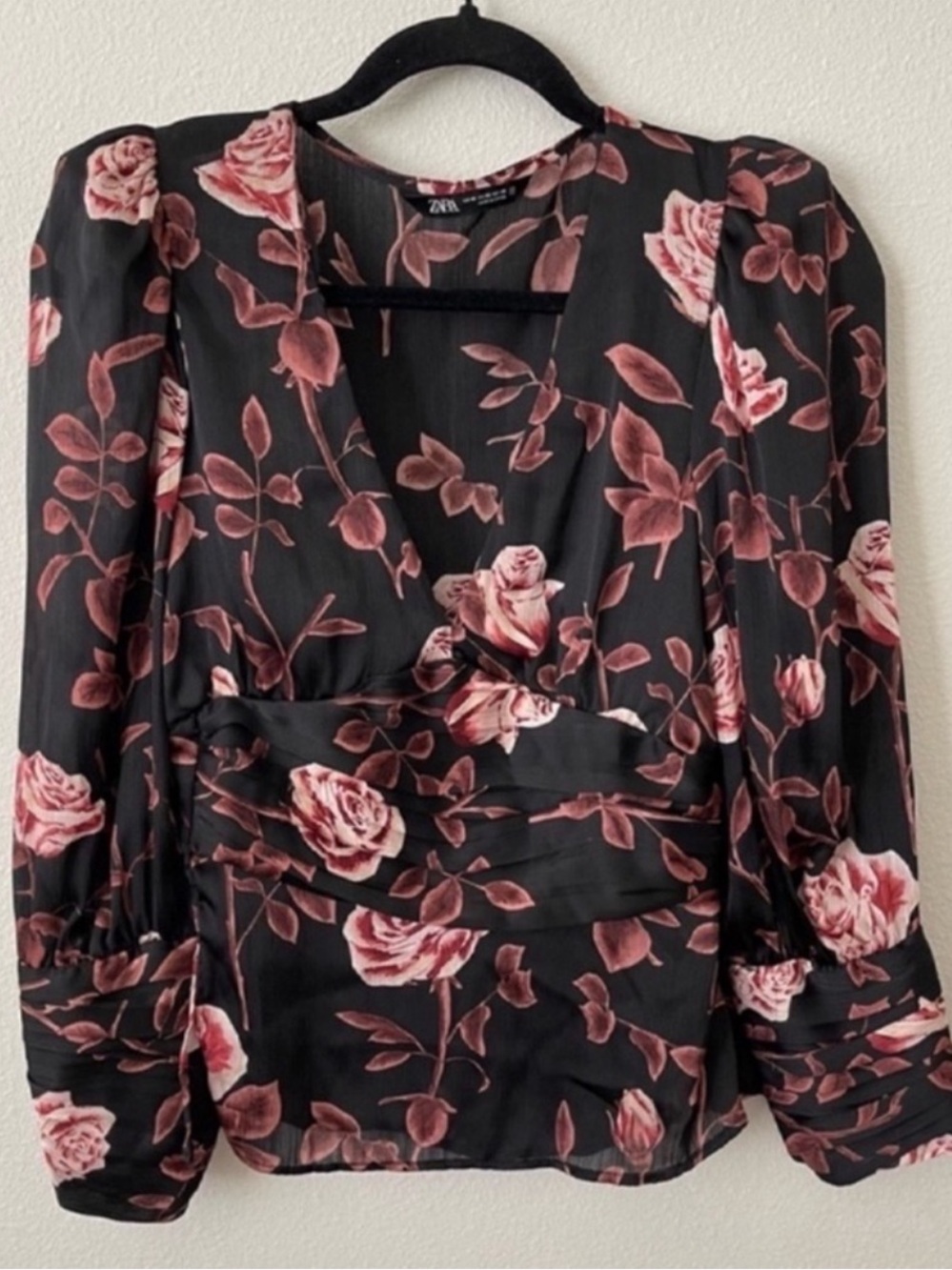 Zara Black Blouse with Pink Rose Floral Print Size XS